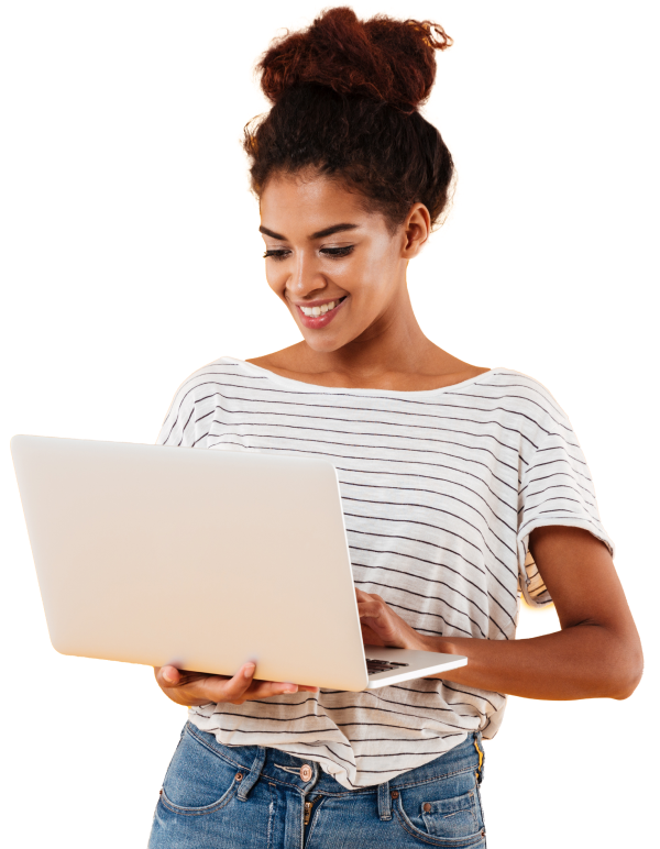 young positive cool lady with curly hair using laptop isolated 1